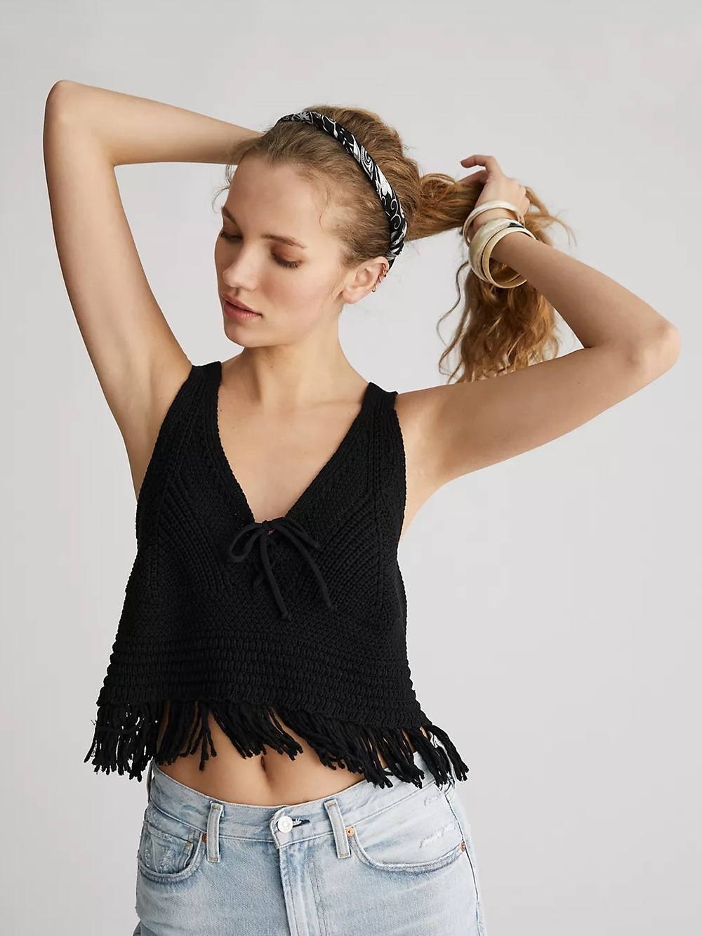 Anthropologie Pilcro Fringed‎ Sweater Tank Crochet Knit Black Small NWT